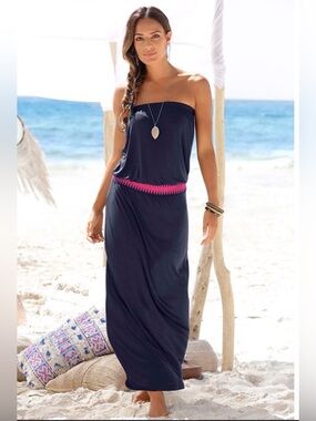 Lascana Women’s Size 6 Navy Pink Embroidered Waist V Neck Maxi Dress